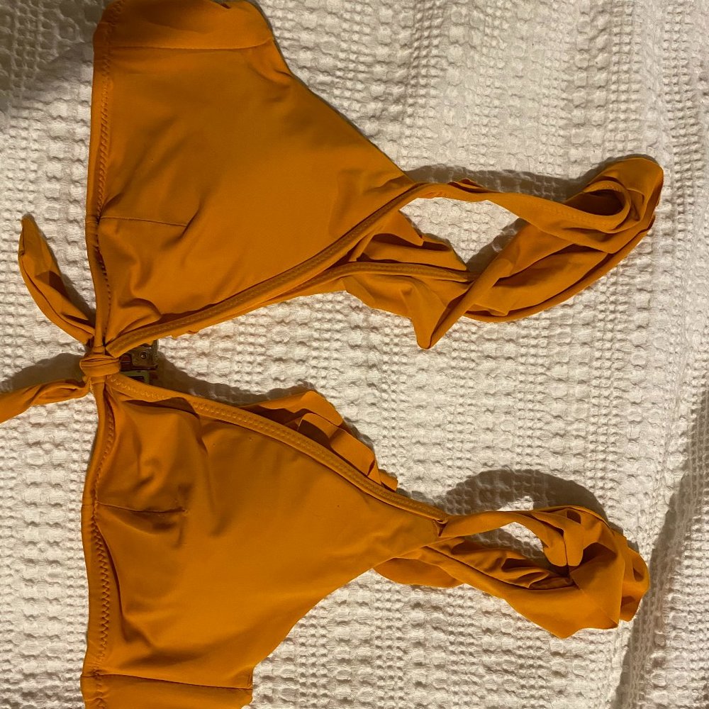 Mango colored ruffled strap bikini top